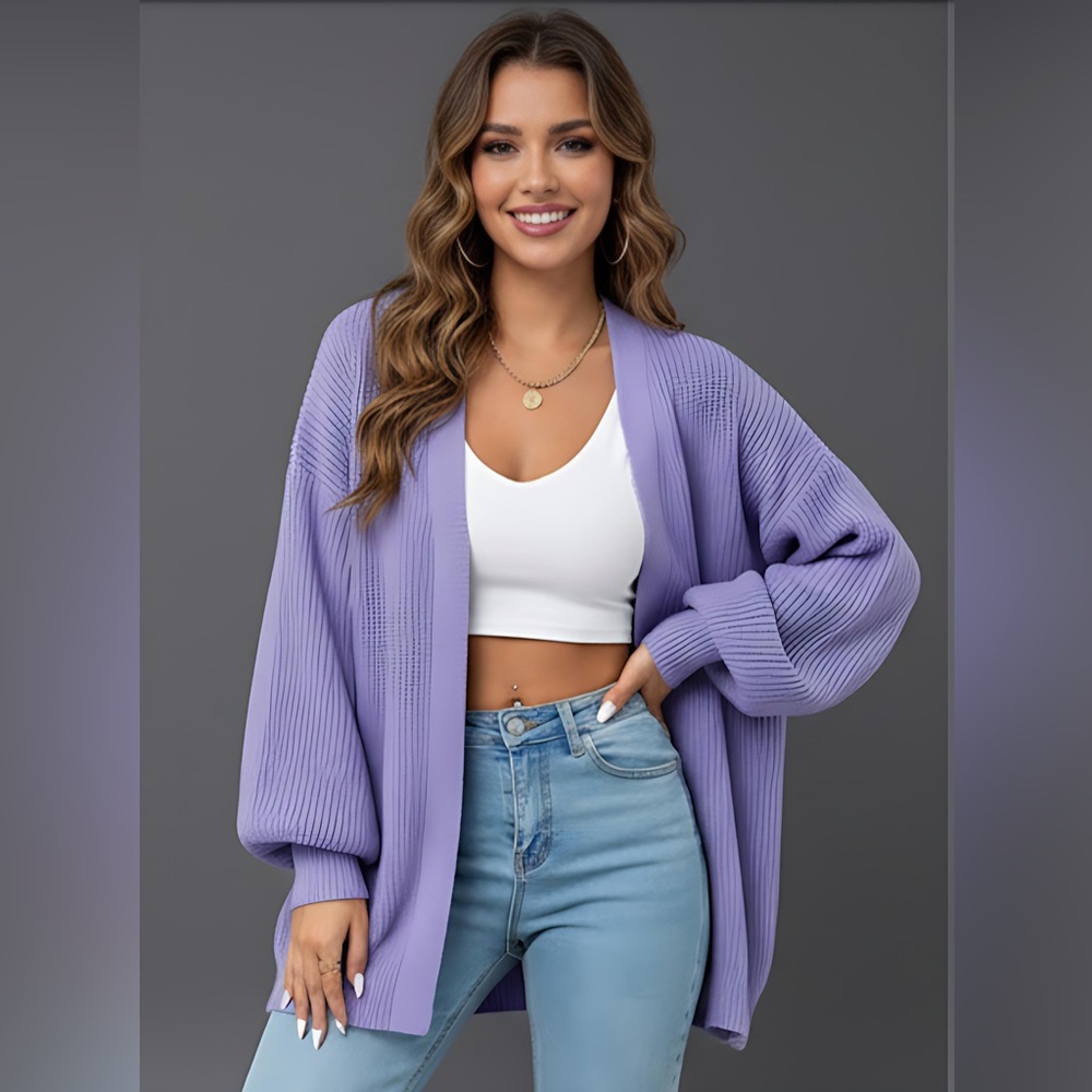 Drop Shoulder Ribbed Knit Duster Cardigan Purple